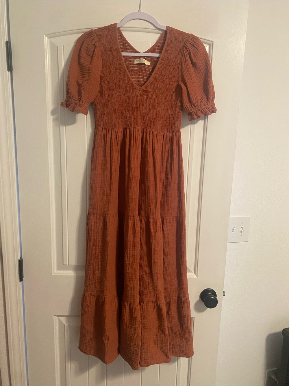Christy Dawn Rust Puff-Sleeve Tiered Maxi Dress
